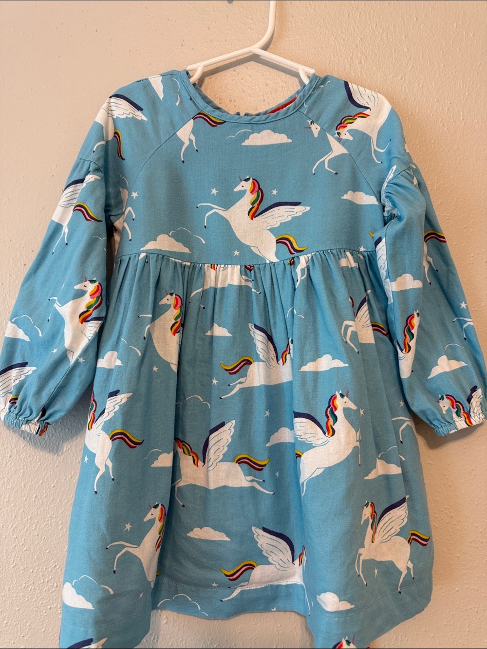 Mini Boden Blue Unicorn & Rainbow Print Long Sleeve Dress